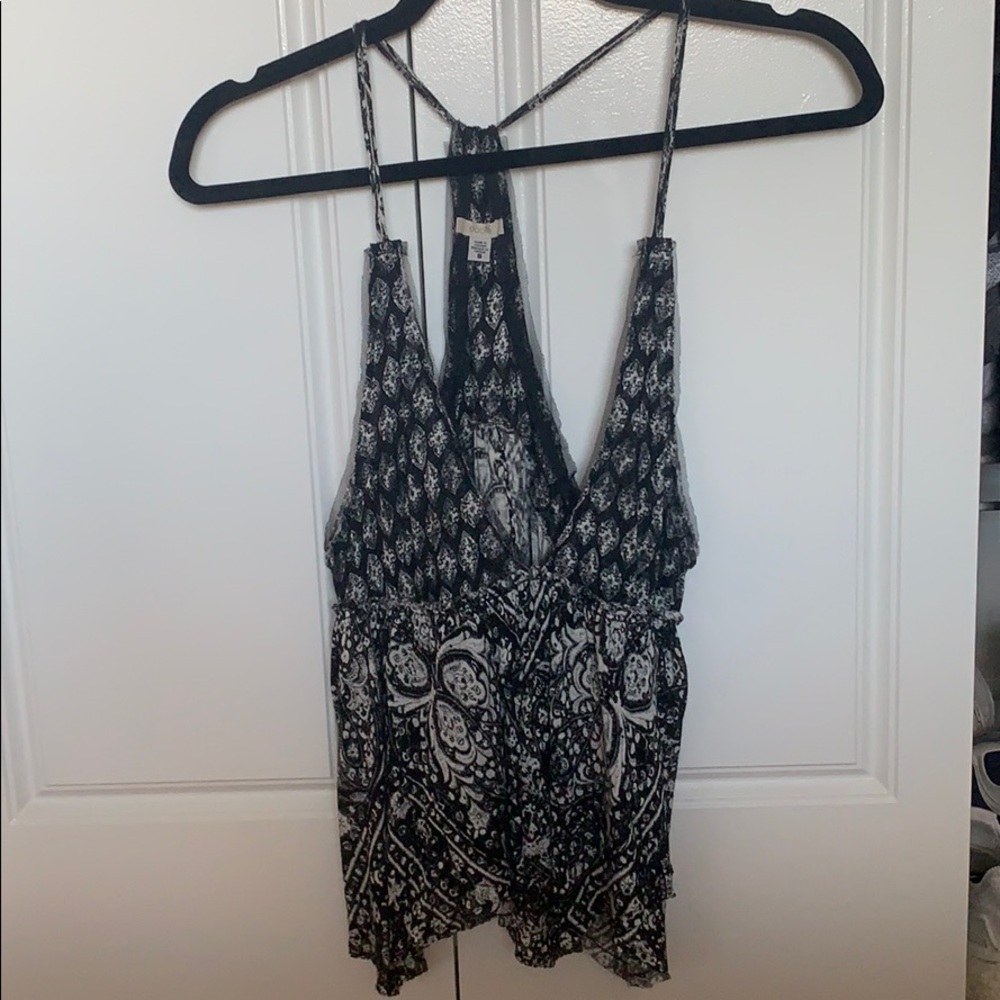 Print black flowy top with lace trim